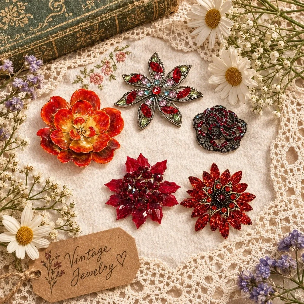 Vintage Style Floral Brooch Lot 5pc Red Orange Rhinestone Enamel Flower Pins